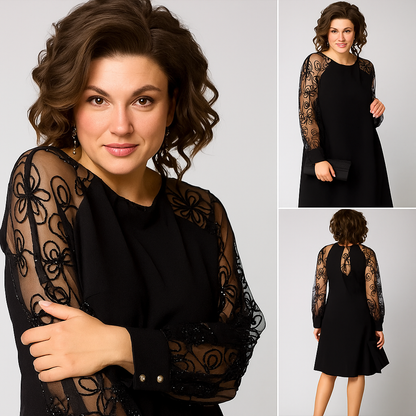 Anna | Klasyczna Sukienka z Koronkowymi Rękawami