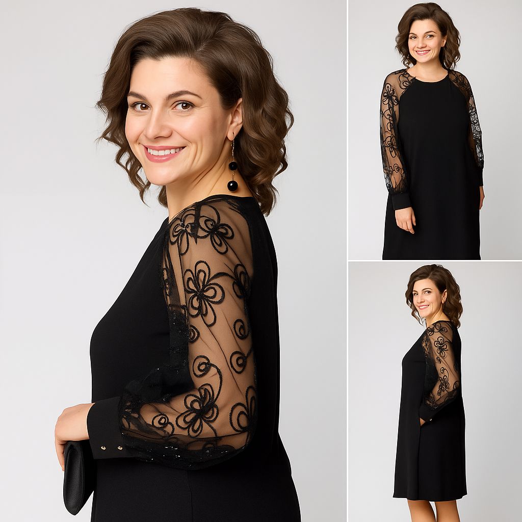 Anna | Klasyczna Sukienka z Koronkowymi Rękawami