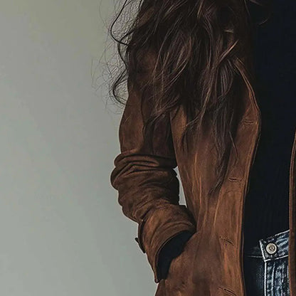 Irena | Długa Wegańska Kurtka z Efektem Zamszu