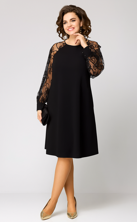 Anna | Klasyczna Sukienka z Koronkowymi Rękawami