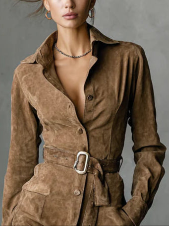 Pelagia | nowoczesna sukienka midi zamszowa z paskiem